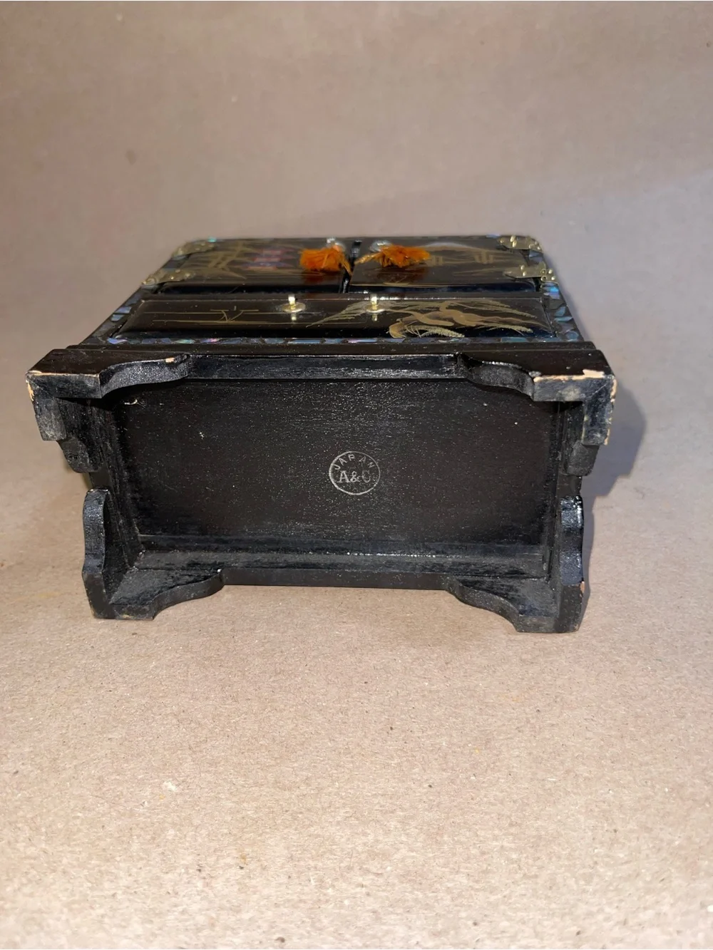 Japanese Black Lacquer Miniature Chest Tansu Jewelry Box Fuji